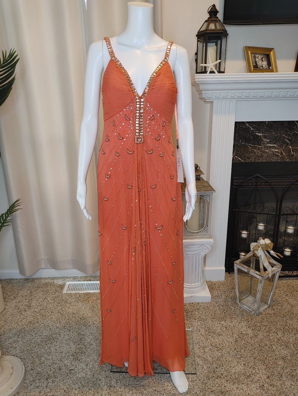 VINTAGE SUE WONG SILK BEADED FORMAL DRESS, CORAL 10 - Picture 3 of 16